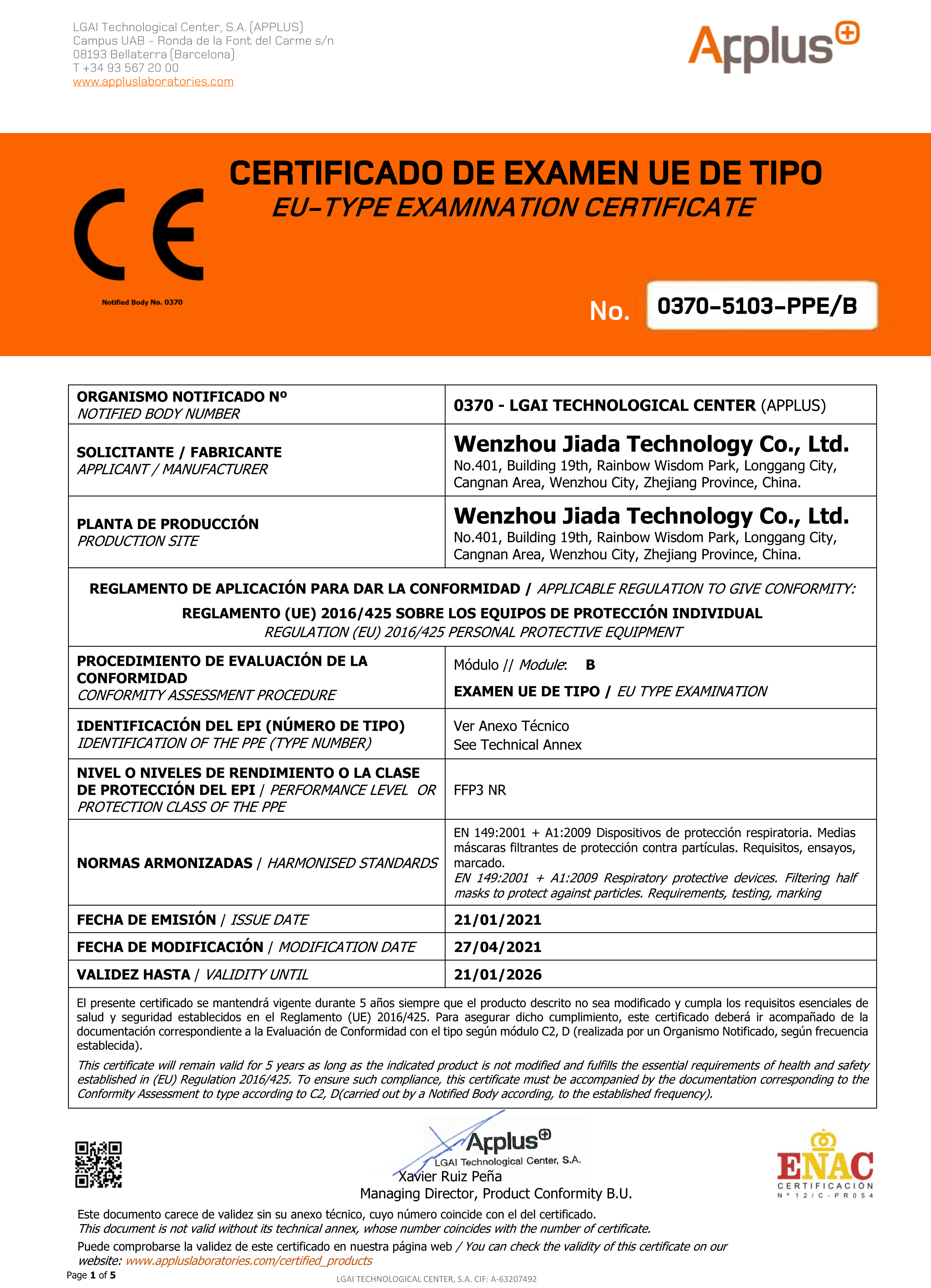 Certificazione mascherina FFP3 pieghevole JD-999